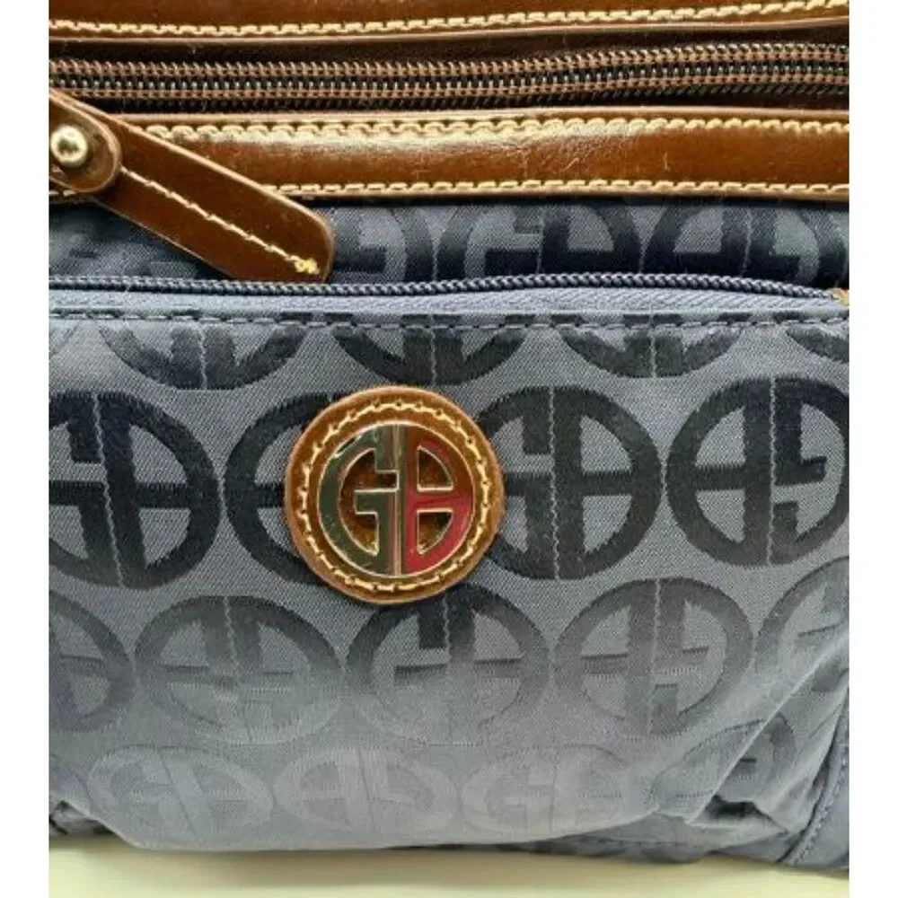 Giani Bernini Navy Blue Monogram Crossbody Bag Nylon Purse Brown Leather Trim